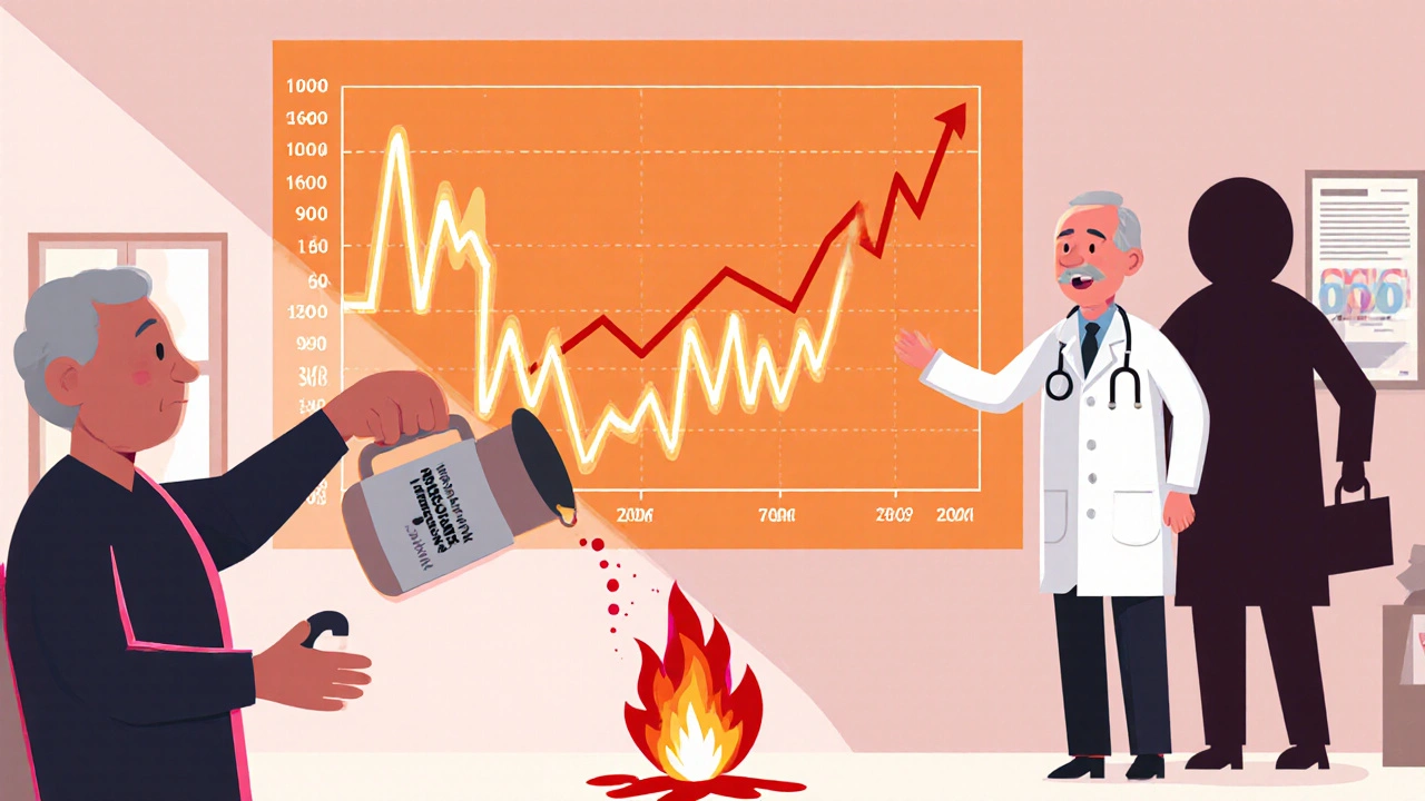 Doctor and patient with INR graph spiking as TMP-SMX pours gasoline on warfarin fire