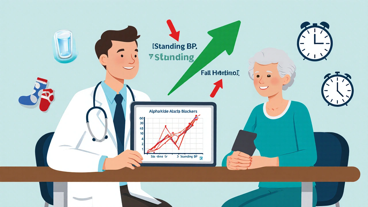 Doctor and senior reviewing blood pressure graph with safer treatment options displayed.