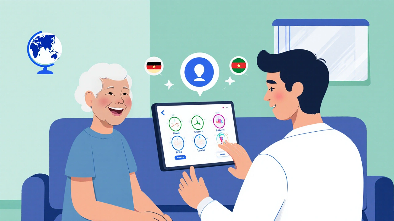 Doctor explaining medication via telehealth to an elderly patient with cultural inclusion icons.
