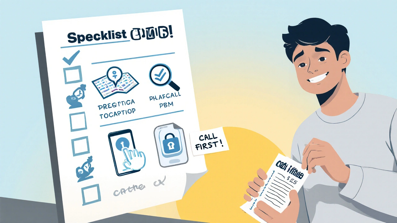 Floating checklist with icons for checking pharmacy networks, calm person holding small  receipt.