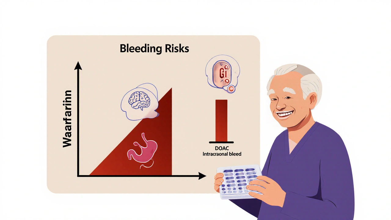 Medical chart comparing brain and stomach bleeding risks for warfarin and DOACs, with a patient holding a pill organizer.