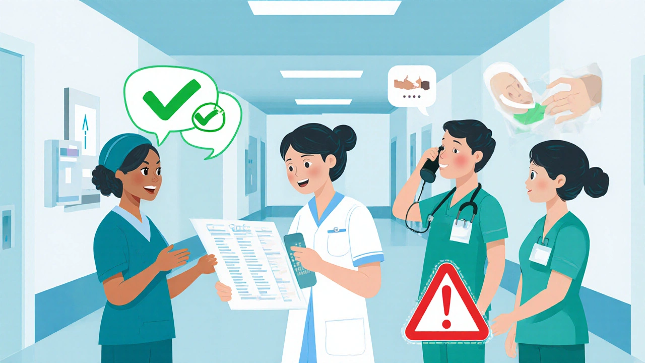 Nurse interrupted during shift handoff, showing communication breakdown in a busy hospital.