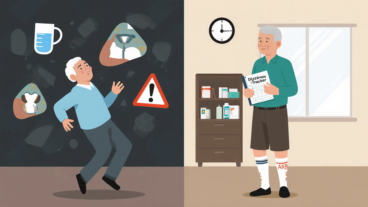 Older adult falling vs. standing safely, with water, socks, and medication log shown.