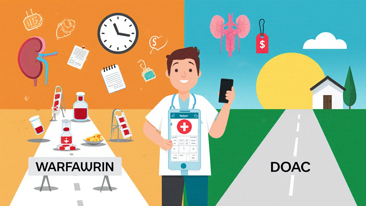 Patient choosing between two paths: one with blood tests and diet charts, the other smooth with a sunlit house, in flat design.