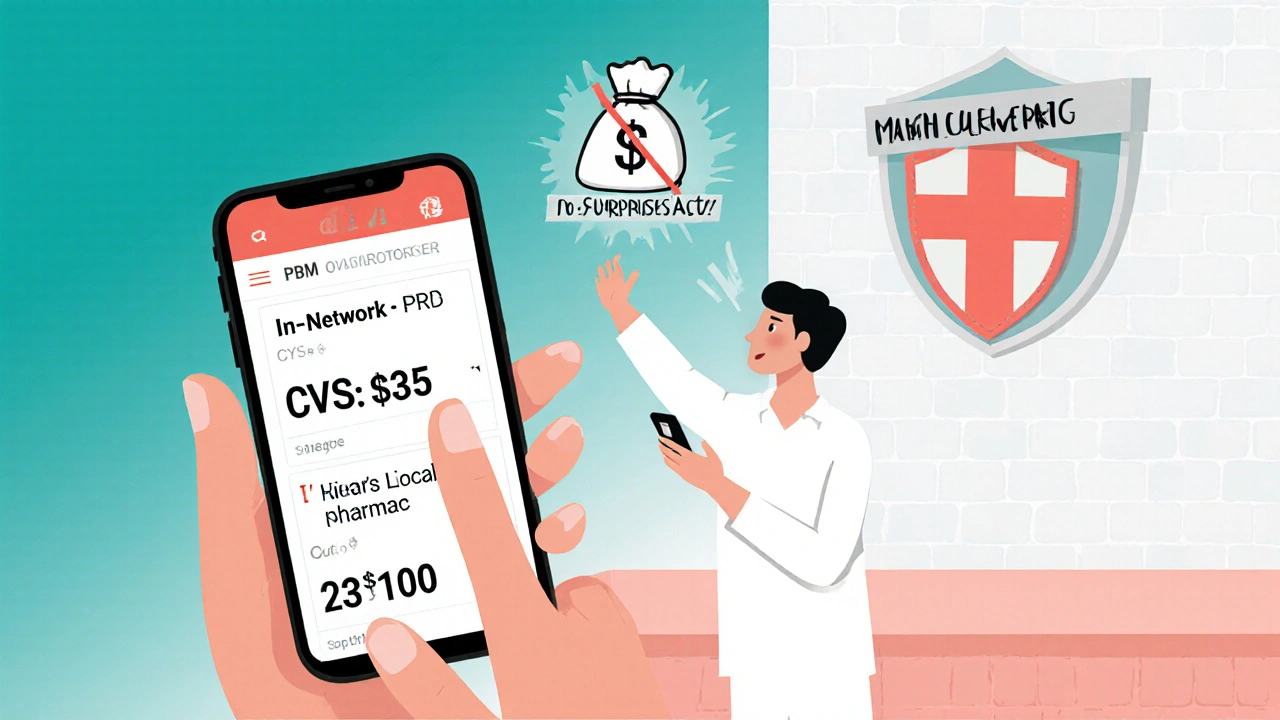 Person comparing phone screens showing  vs 0 pharmacy prices, with PBM icon blocking protection.