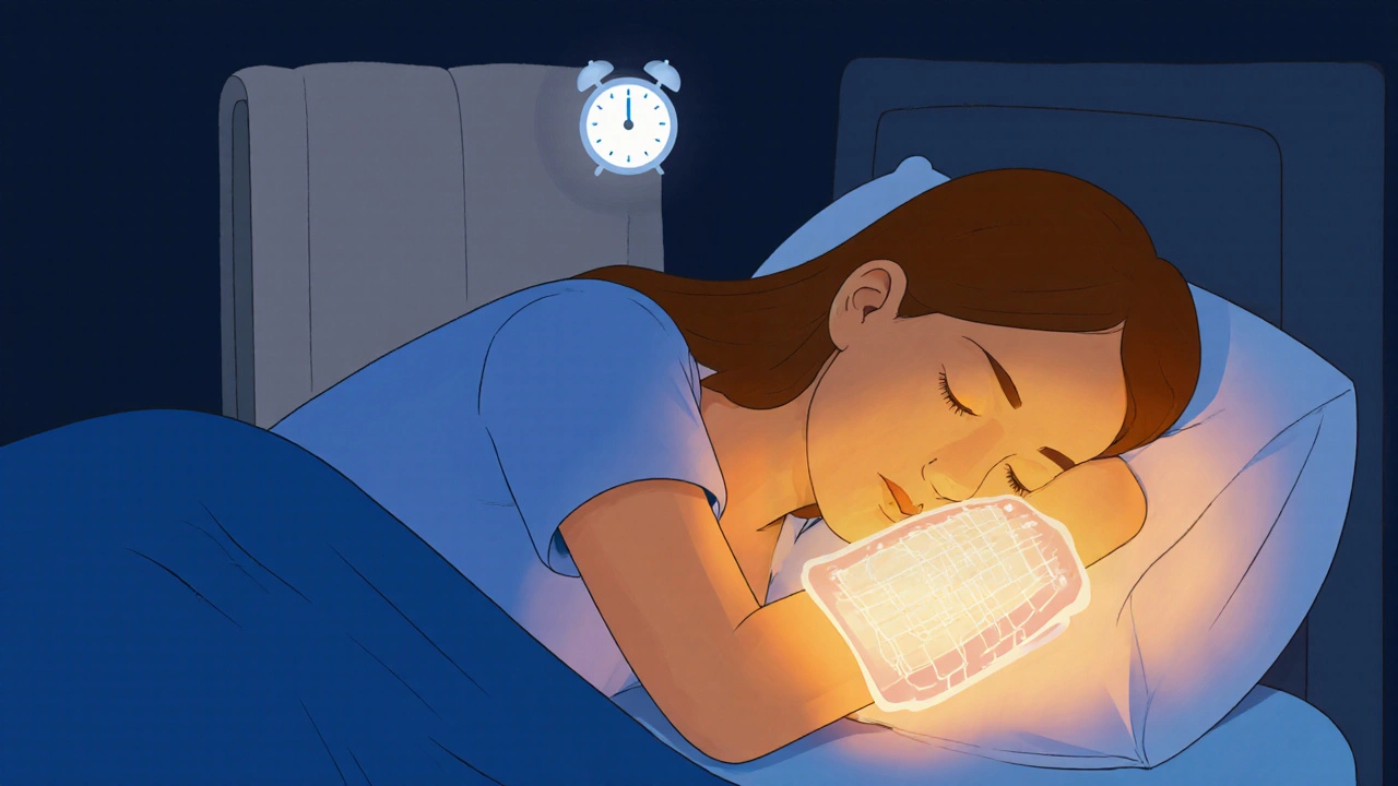 Person sleeping on back with pillow under elbow and heat pad on shoulder to relieve frozen shoulder pain.