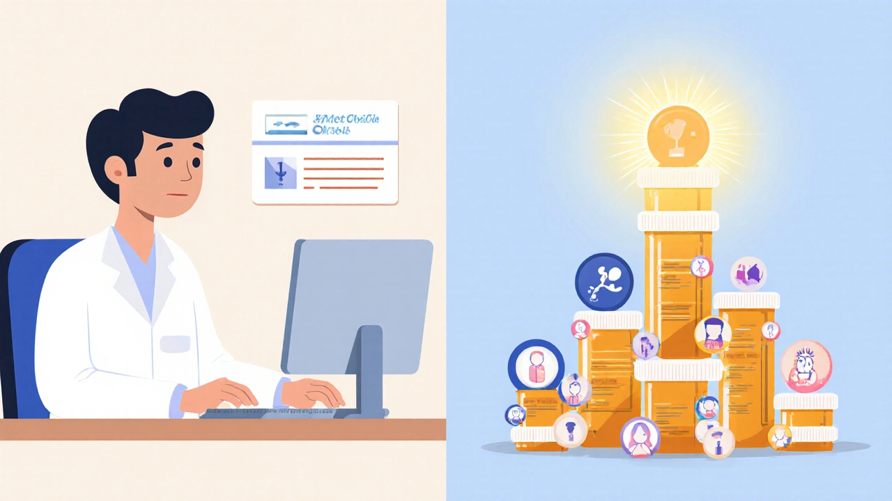 Pharmacist submitting an adverse event report as patient reaction icons rise in a cascade