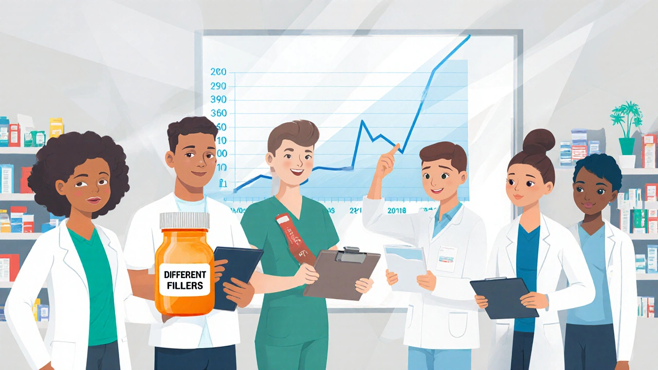 Pharmacists documenting reactions with a rising graph showing increased reporting after training