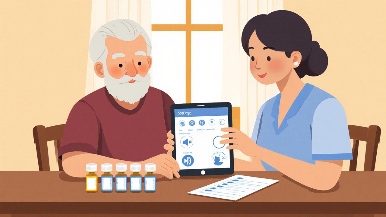 Senior and caregiver reviewing a simple medication app on a tablet with pill bottles nearby.