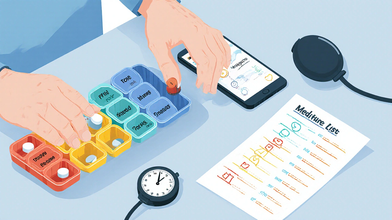 Senior using a pill organizer and smartphone reminder app at home.