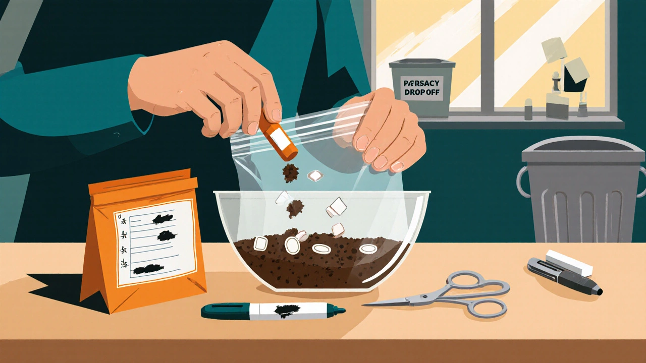 Someone mixing pills with coffee grounds in a bowl, sealing them in a bag while covering labels with a marker.