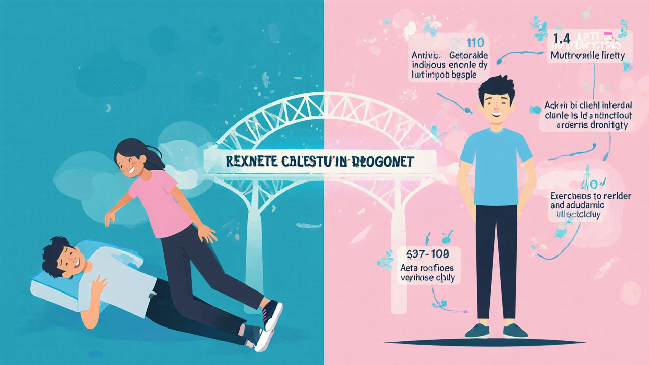 Split image: painful muscle damage on left, restored health through exercise and supplements on right.