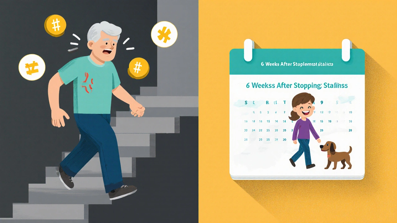 Split image showing muscle pain versus relief after safely stopping statins.