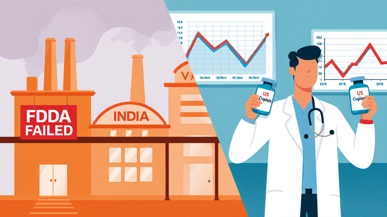 Split scene: failed drug factory in India and U.S. doctor holding ambiguous medication vials in ICU.