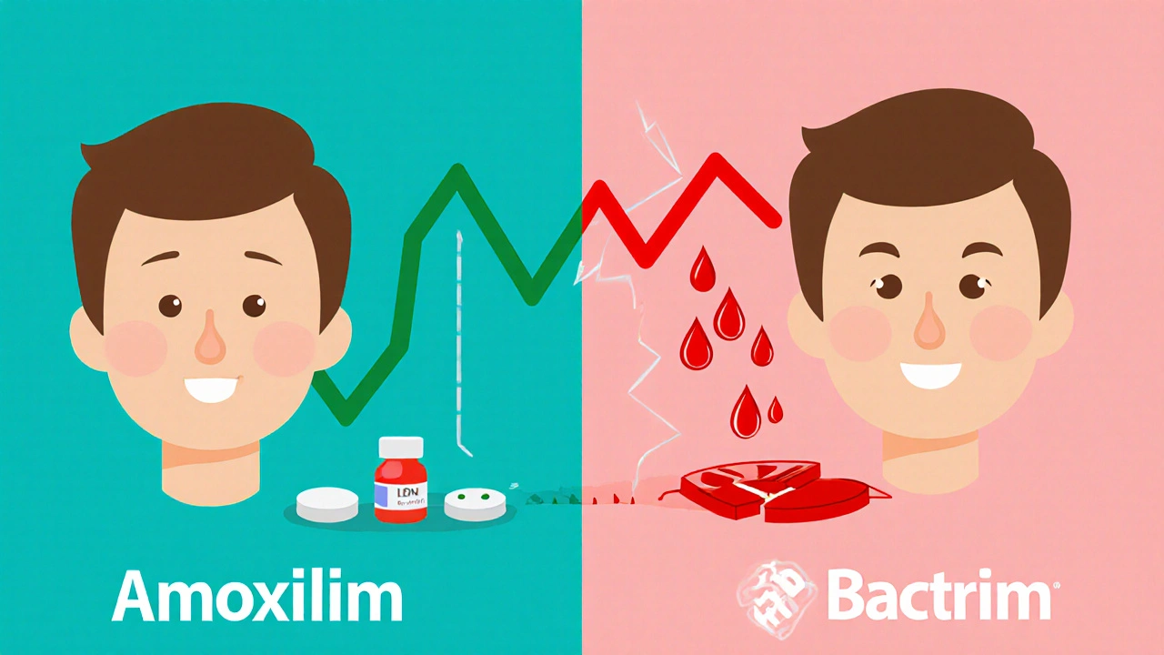 Split scene: safe antibiotic vs dangerous Bactrim with rising INR and bleeding icons