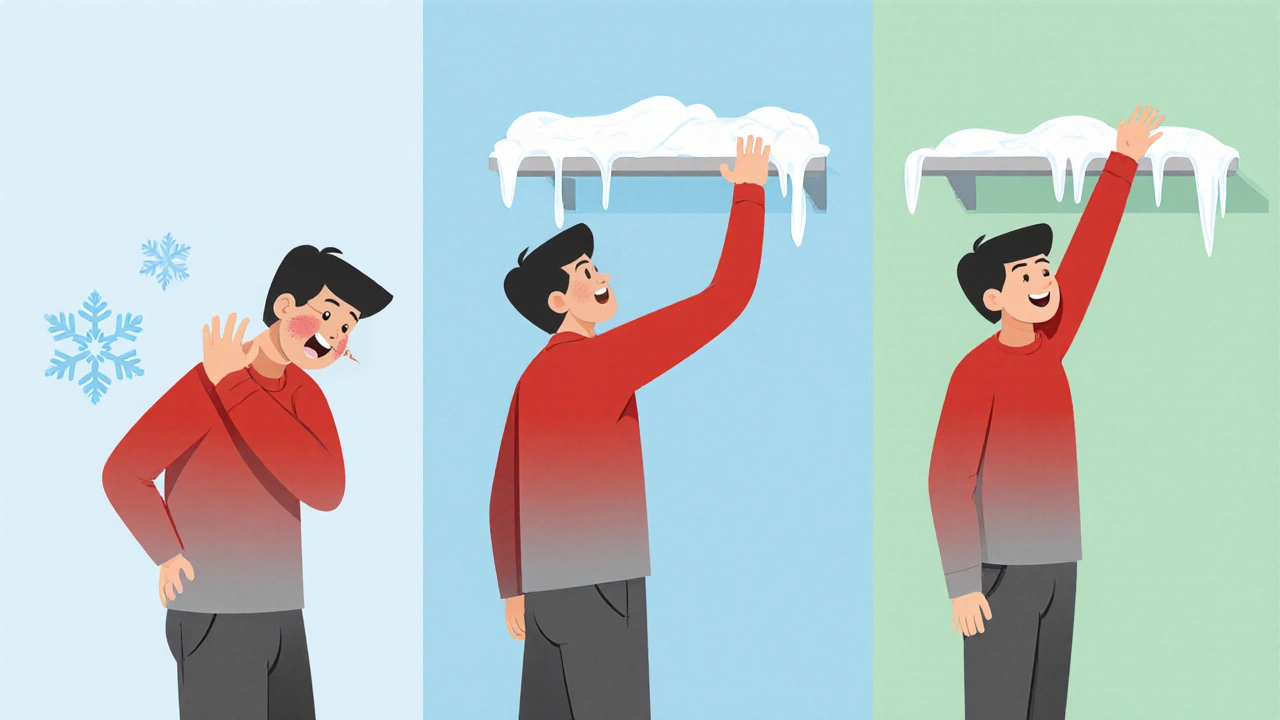 Three-panel illustration showing progression of frozen shoulder from pain to stiffness to recovery.