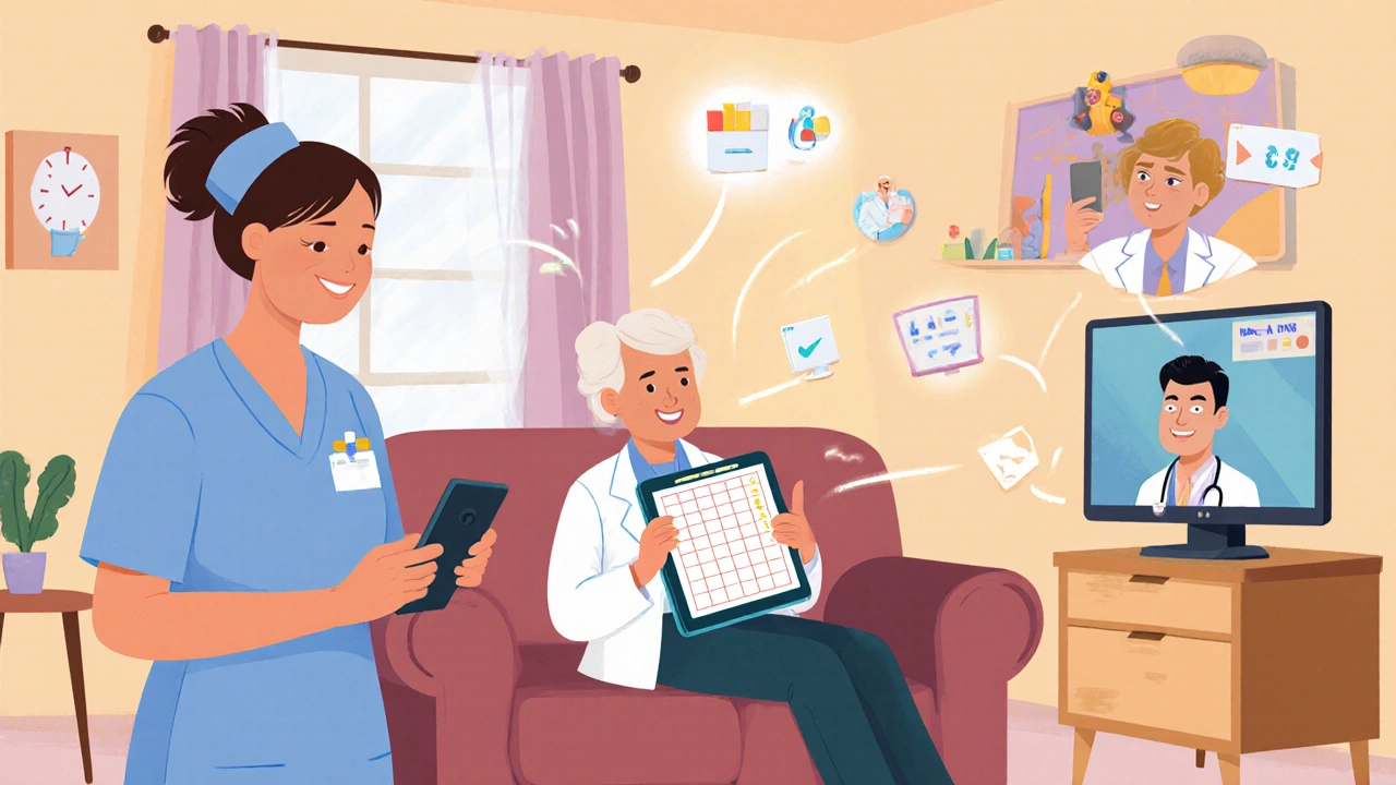 Transition team including nurse, pharmacist, and doctor supporting senior at home.