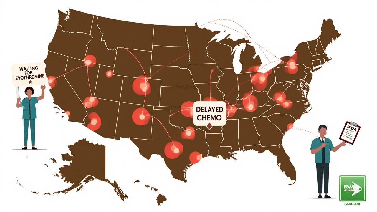 U.S. map with red shortage hotspots connected to overseas factories, patients holding wait signs.