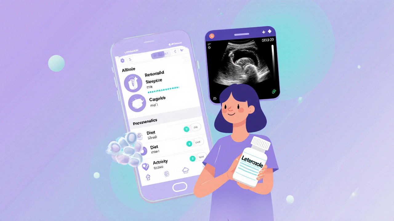 Woman holding letrozole pill with personalized PCOS app interface on phone in flat design