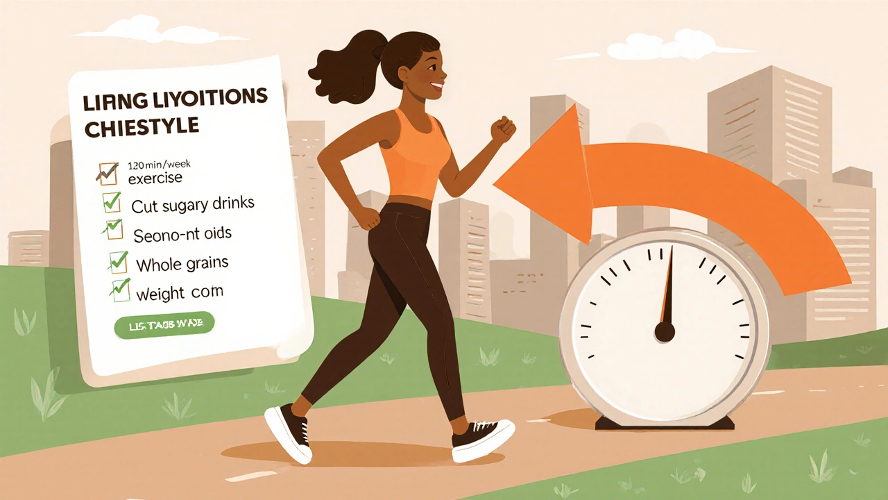 Woman walking with lifestyle checklist for PCOS management in colorful flat illustration