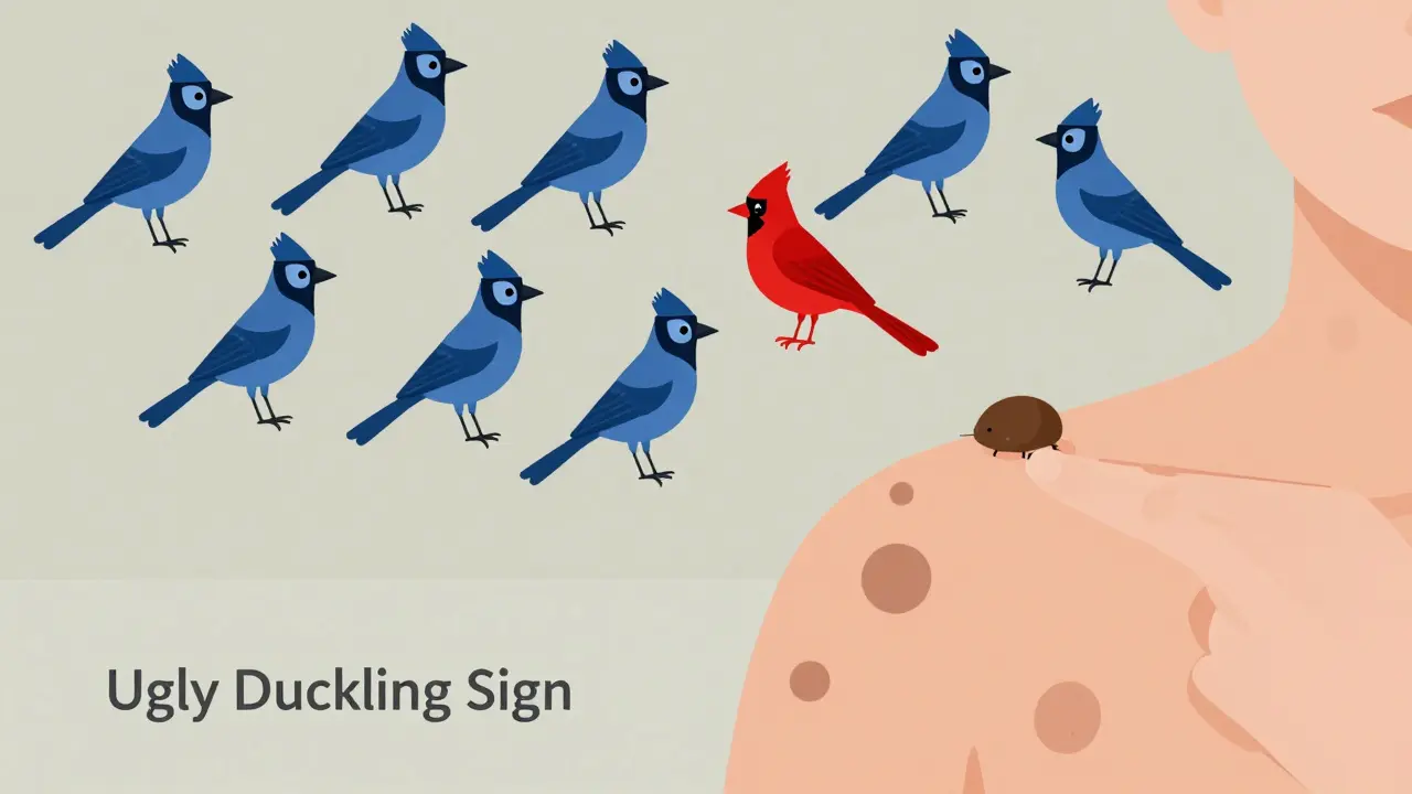 A flock of blue jays with one red cardinal, symbolizing the ugly duckling sign in moles.