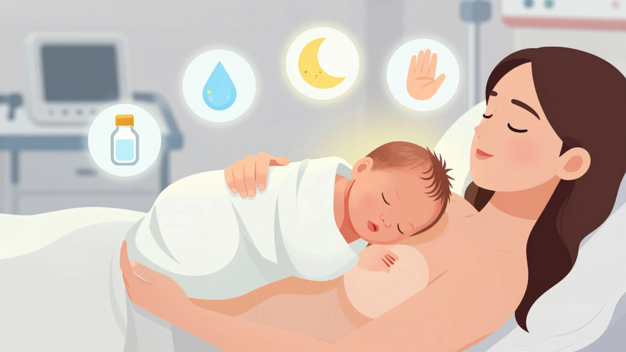 A newborn sleeps skin-to-skin with their mother, surrounded by icons of feeding, sleeping, and comforting.
