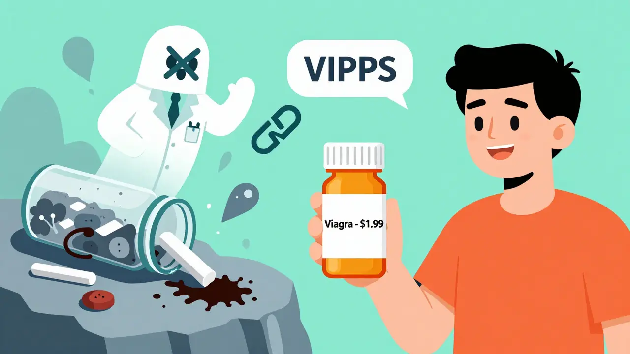 A person holding a fake pill bottle that transforms into toxic substances, with a ghost pharmacist and broken verification link in the background.