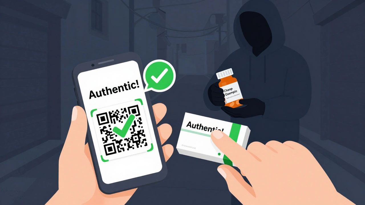 A person scanning a medicine QR code with an authentic result, while a shady figure offers fake pills in the background.