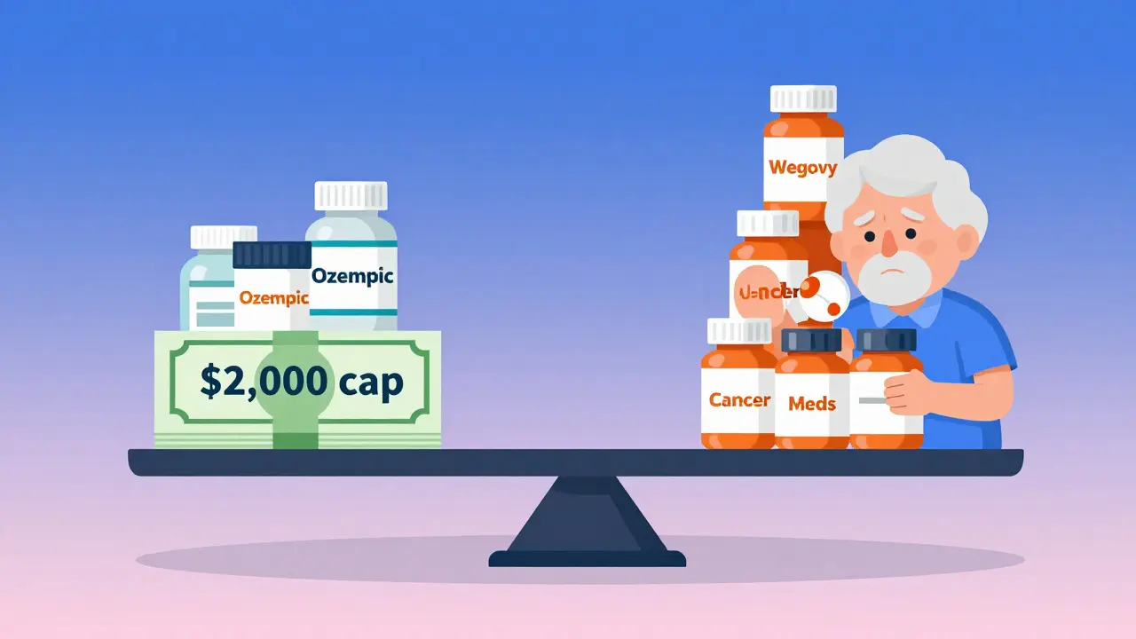 A senior splitting a pill in half while a mountain of expensive specialty drugs outweighs Medicare's cost cap.