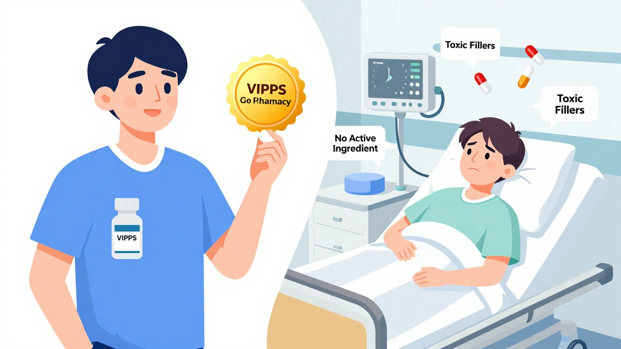 A split image showing safe medication use at a verified pharmacy versus a patient in danger from fake drugs.