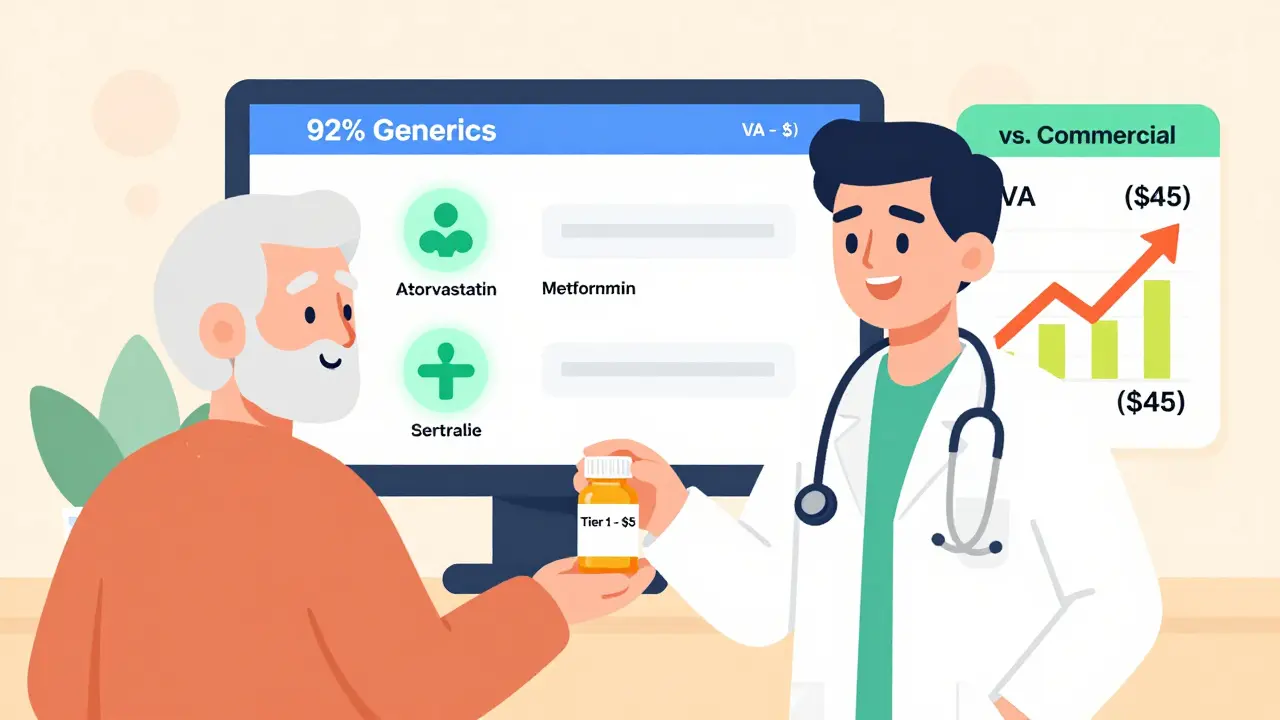 A VA pharmacist gives a veteran a low-cost generic pill bottle while a digital screen displays high generic usage rates.