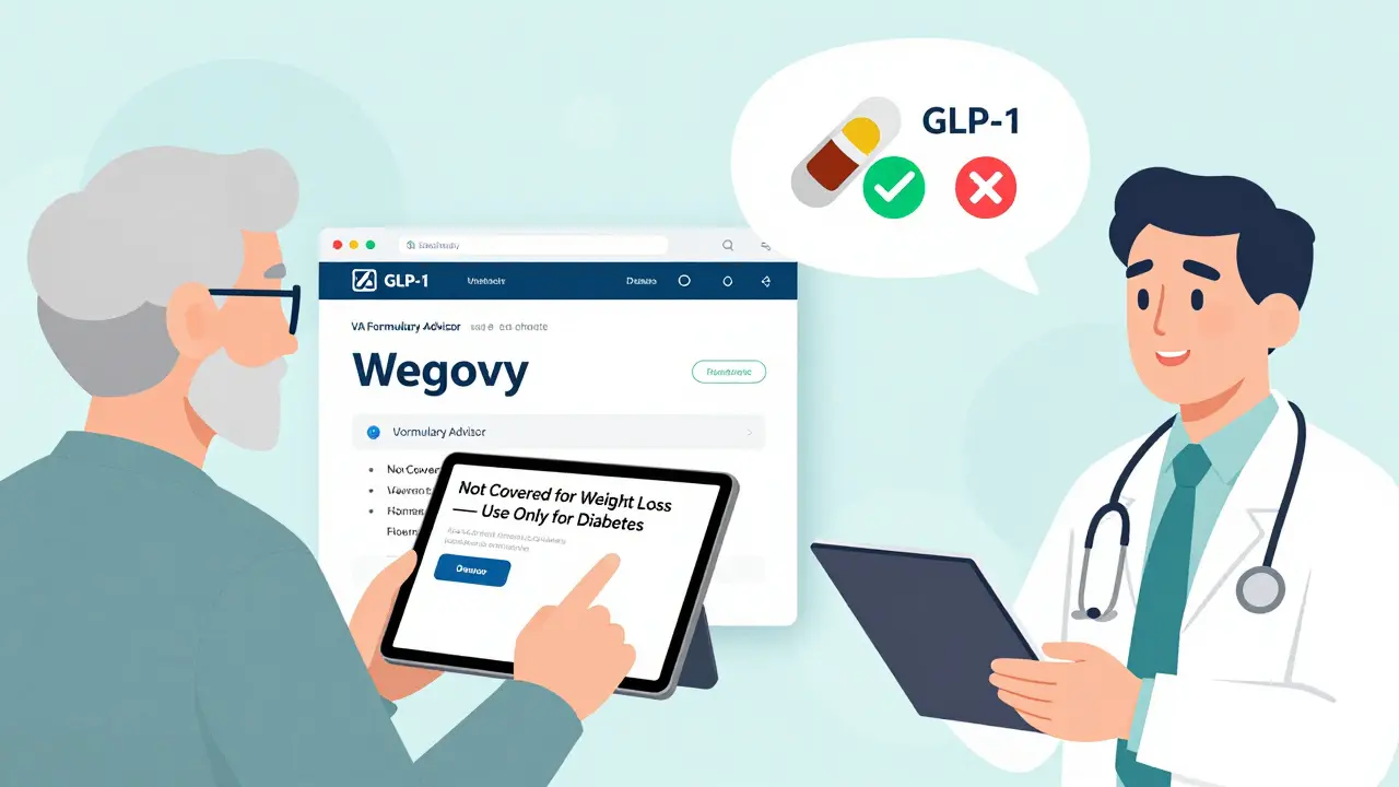 A veteran checks drug coverage on a tablet, seeing Wegovy is only approved for diabetes, not weight loss.