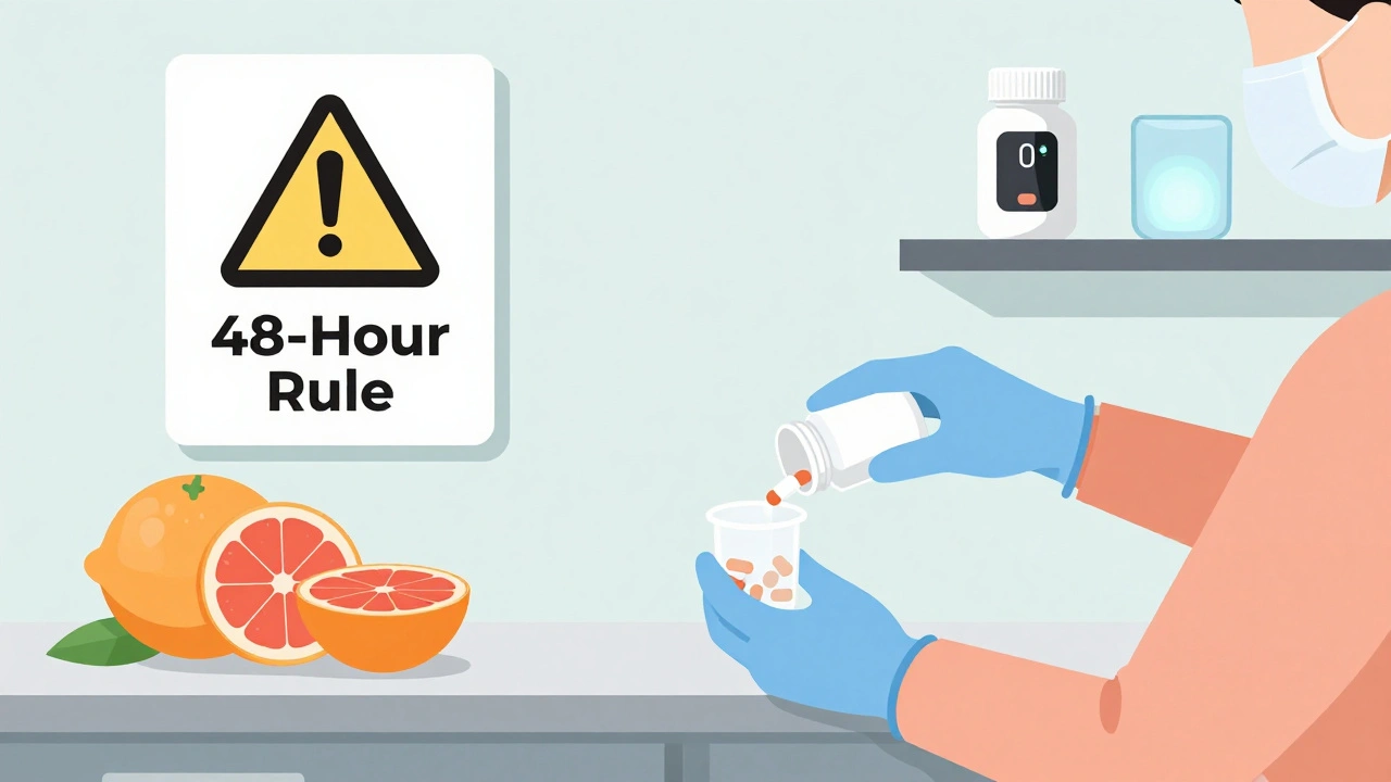 Caregiver using gloves and a cup to handle chemo pills, with a smart dispenser and no grapefruit on counter.