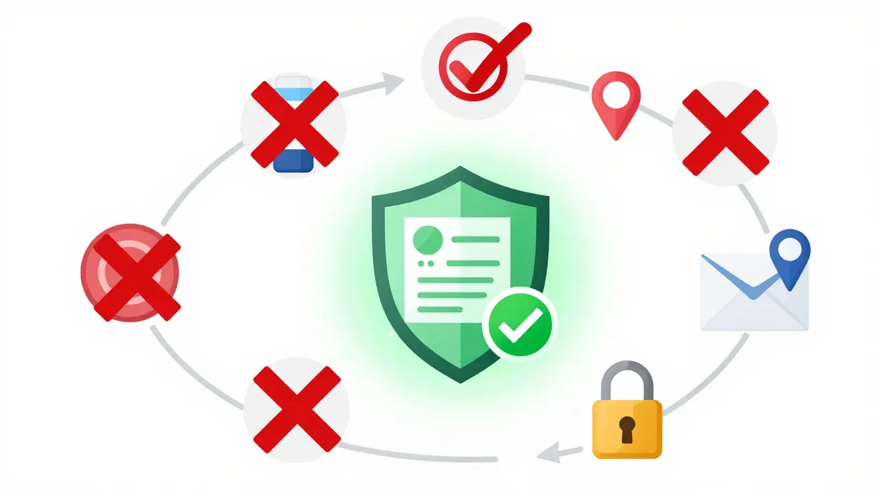 Circular infographic of seven red flags around a glowing safe pharmacy shield, with icons for each warning and one verified center.