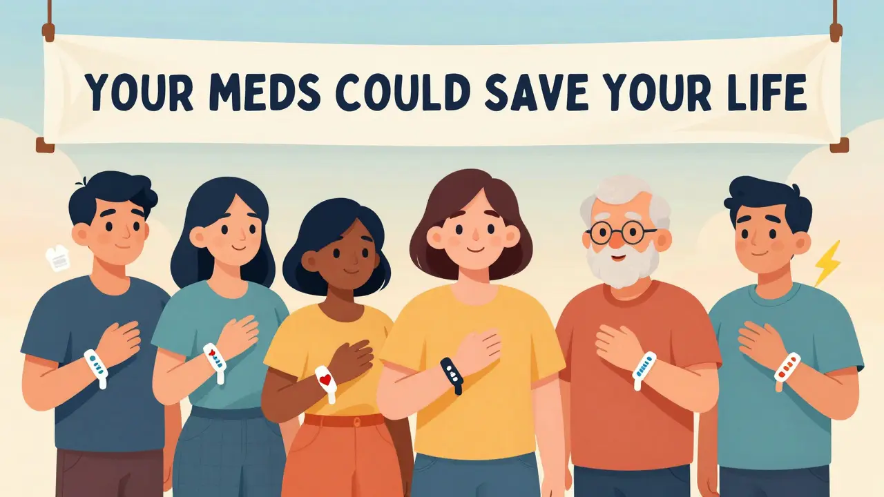 Diverse group of people wearing medical alert bracelets with icons representing blood thinners, diabetes, and epilepsy.