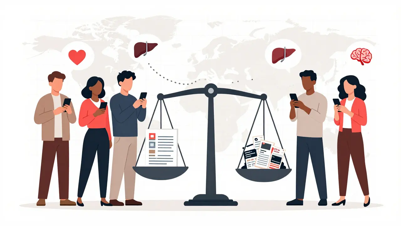 Diverse users posting about medication effects, connected to a regulatory scale showing data gaps.