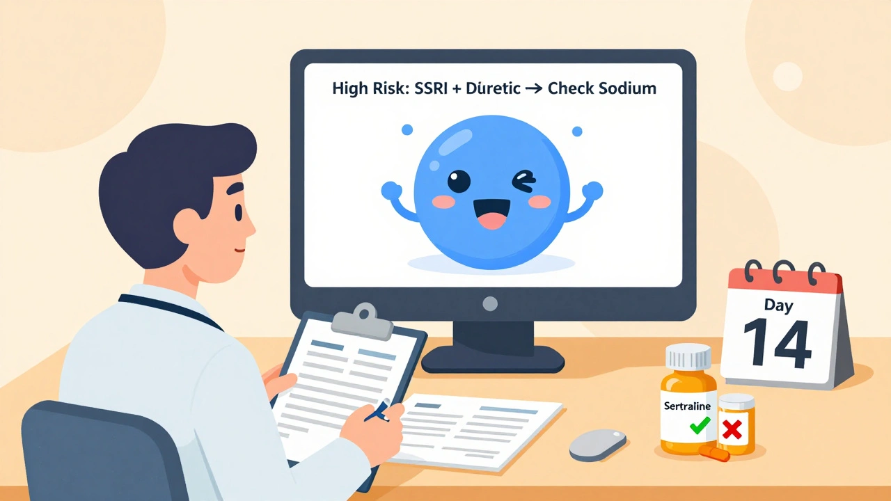 Doctor and patient in office with AI alert warning about SSRI and diuretic risk.