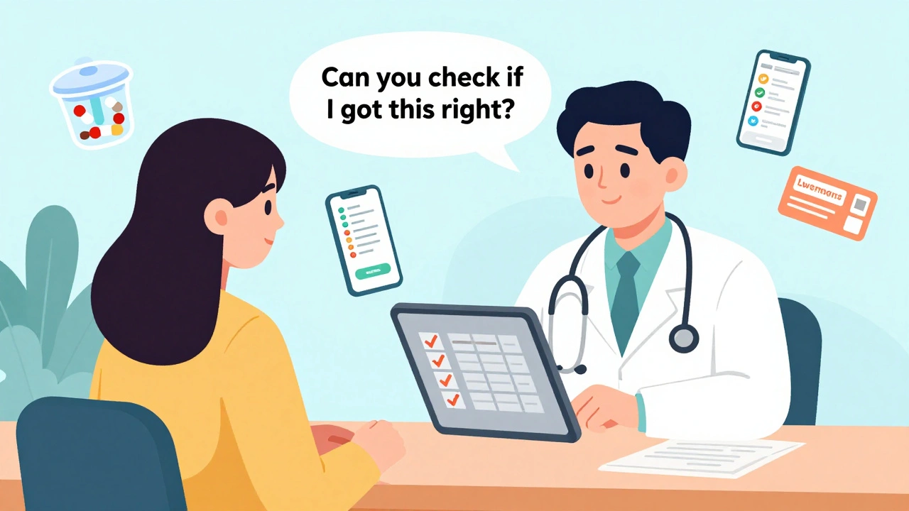 Doctor and patient reviewing medication plan with tools like pill organizer and app on tablet.