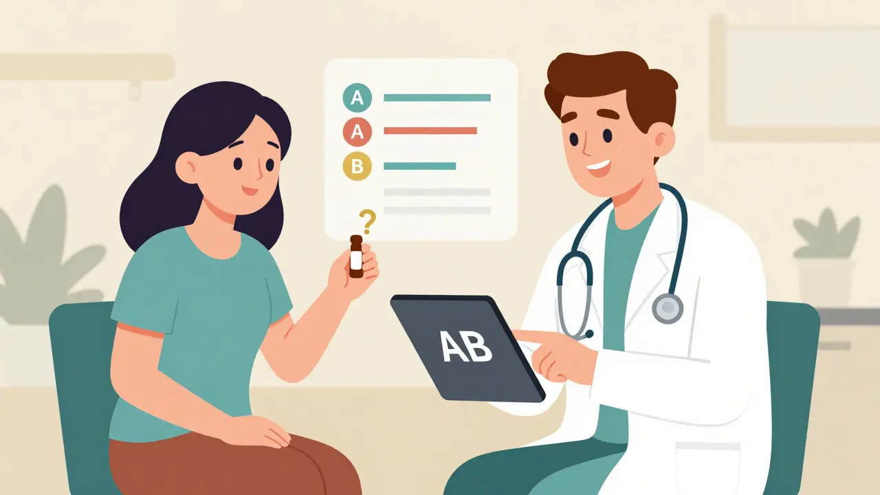 Doctor explaining a generic drug's AB code to a patient in a clinic with the Orange Book visible.