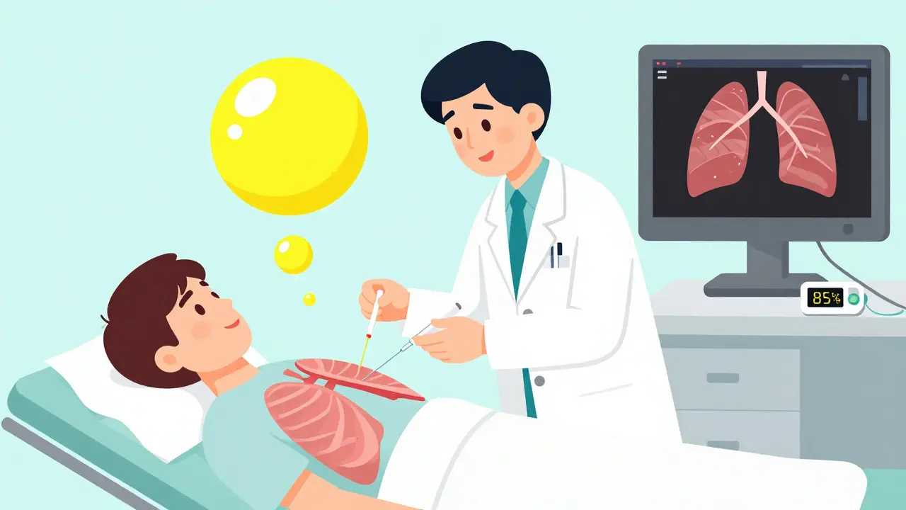 Doctor performing needle decompression for collapsed lung in ER, with vital signs visible.