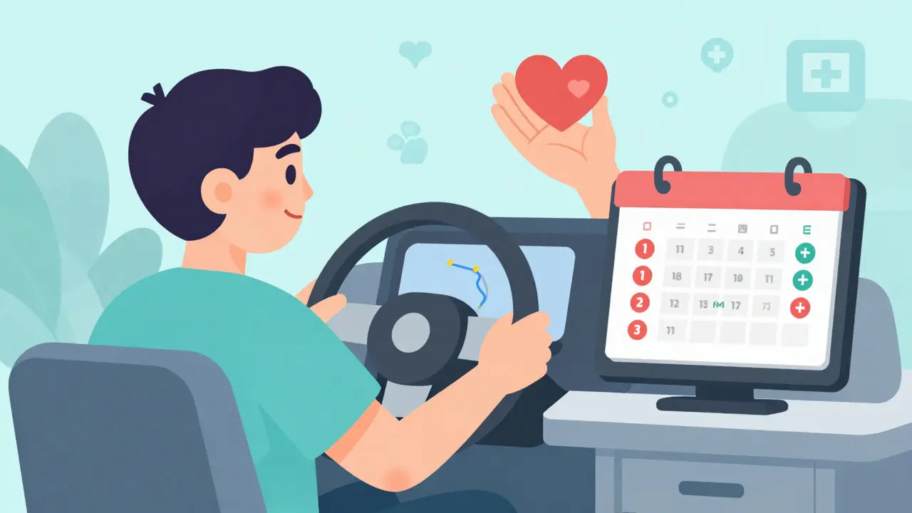 Family driving patient to transplant center with donor symbol above them