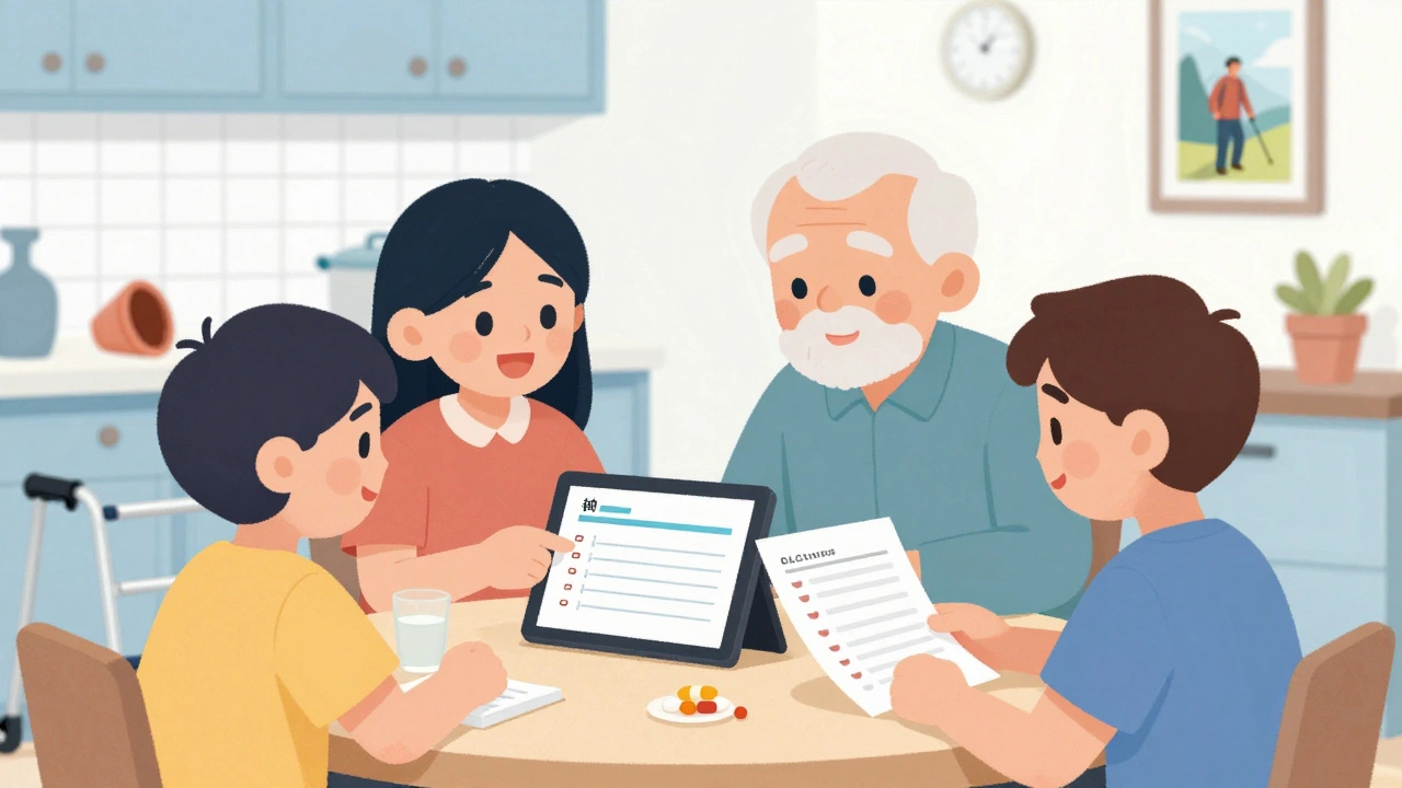 Family reviewing blood test results at kitchen table, discussing medication safety.