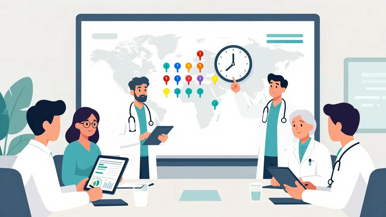 Healthcare team analyzing patent expiry dates on a wall map with analytics tools in a hospital room.