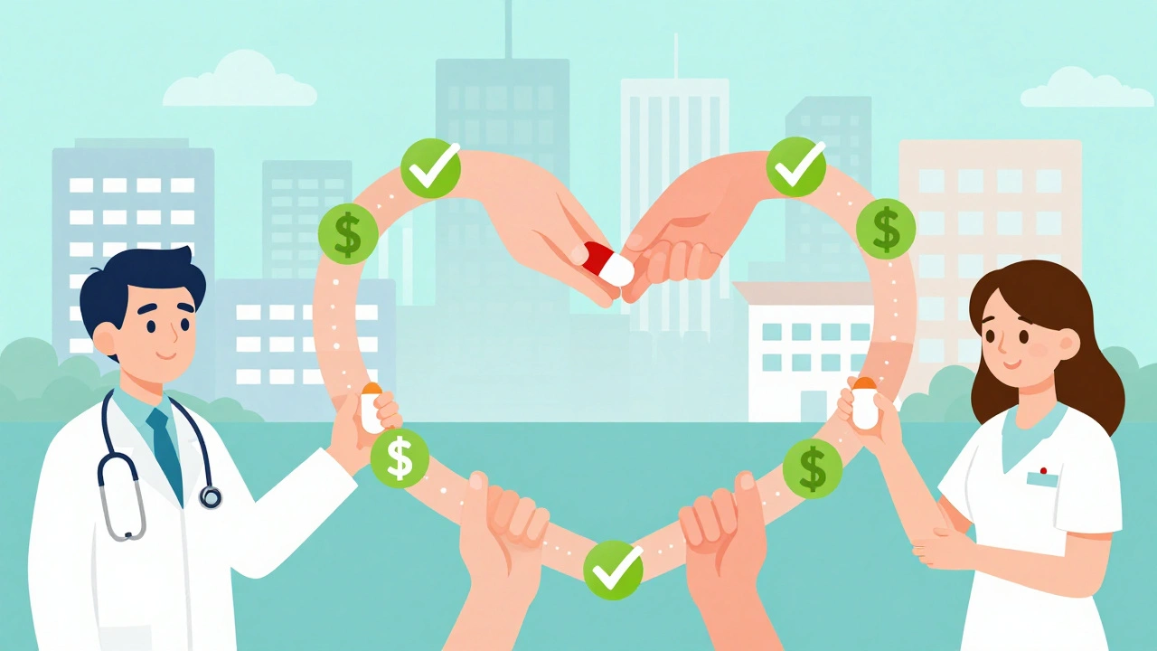 Healthcare team hands form a heart with pills and dollar signs turning into checkmarks.