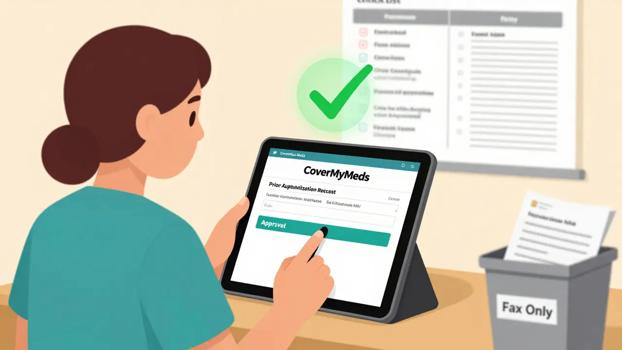 Medical assistant submitting prior auth electronically with auto-approval confirmation on tablet.