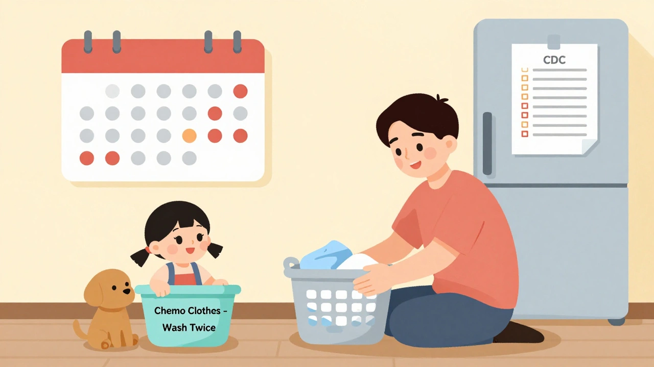 Parent keeping distance from child and pet, holding chemo laundry, with 48-hour calendar and safety checklist visible.