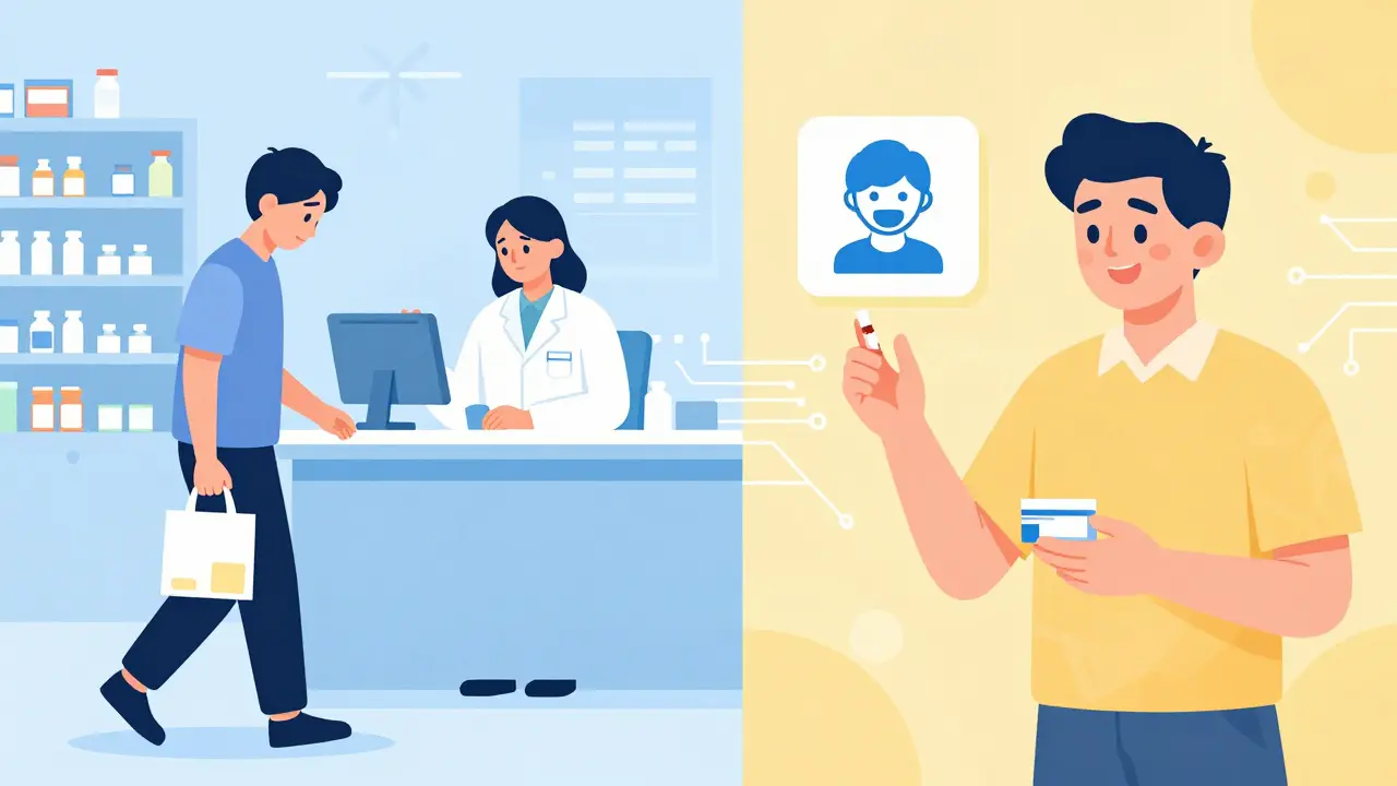 Patient leaving pharmacy empty-handed vs. returning with medication, symbolizing delayed approval.