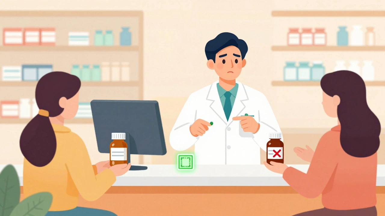 People bringing suspicious medicine to a pharmacist, with real and fake pills clearly contrasted.