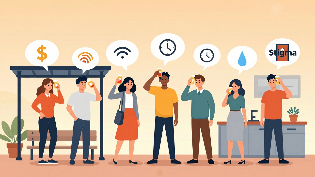 People in daily life with thought bubbles showing hidden reasons they skip meds.