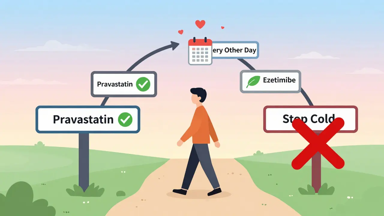 Person choosing alternative cholesterol treatments on a branching path, with heart icons overhead